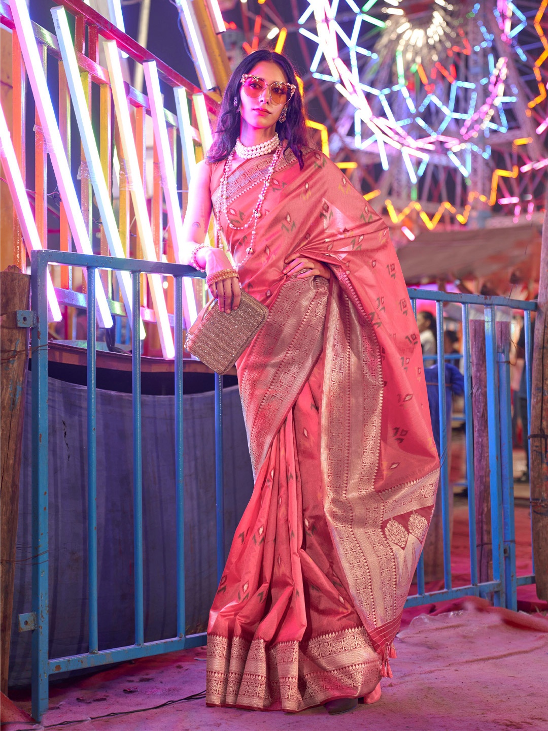 

Mitera Peach Floral Printed Zari Saree