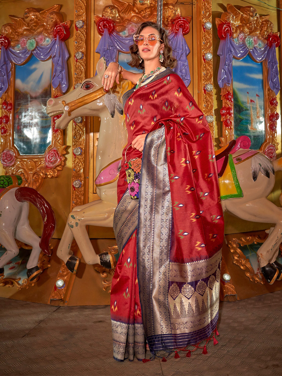 

Mitera Floral Printed Zari Saree, Red