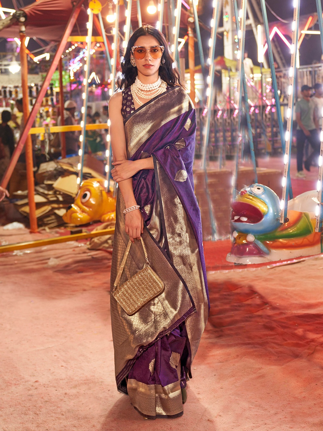 

Mitera Floral Woven Design Zari Saree, Violet