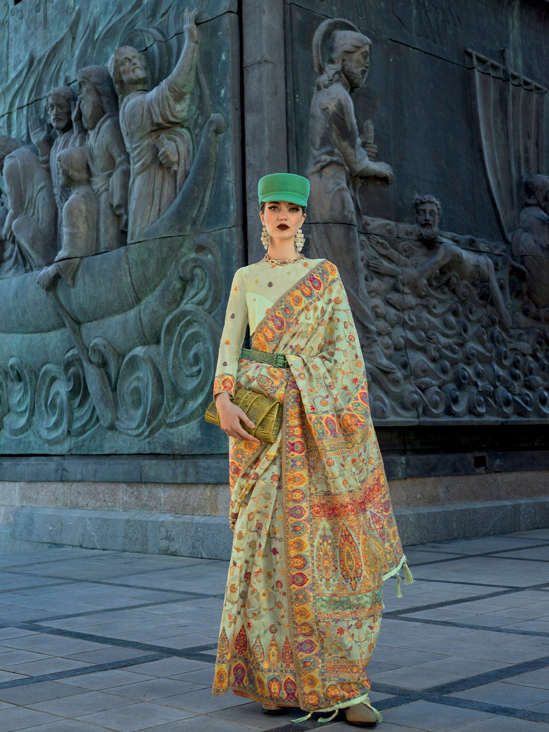 

Mitera Floral Zari Organza Saree, Green