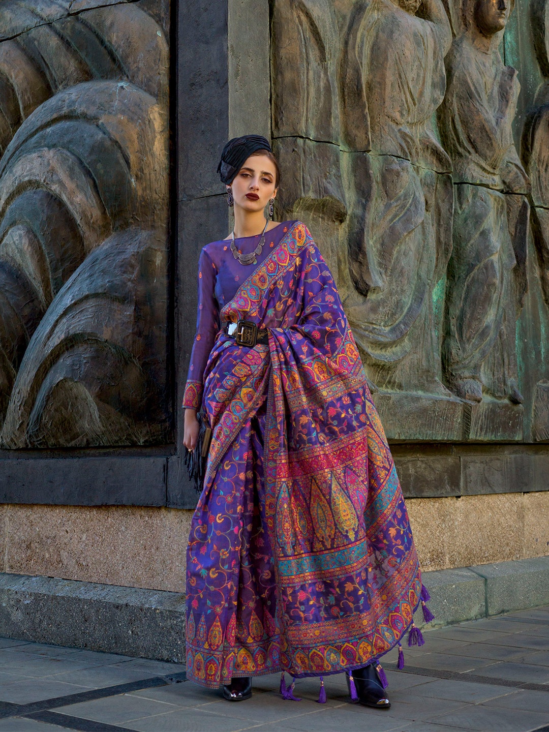

Mitera Floral Zari Organza Saree, Purple