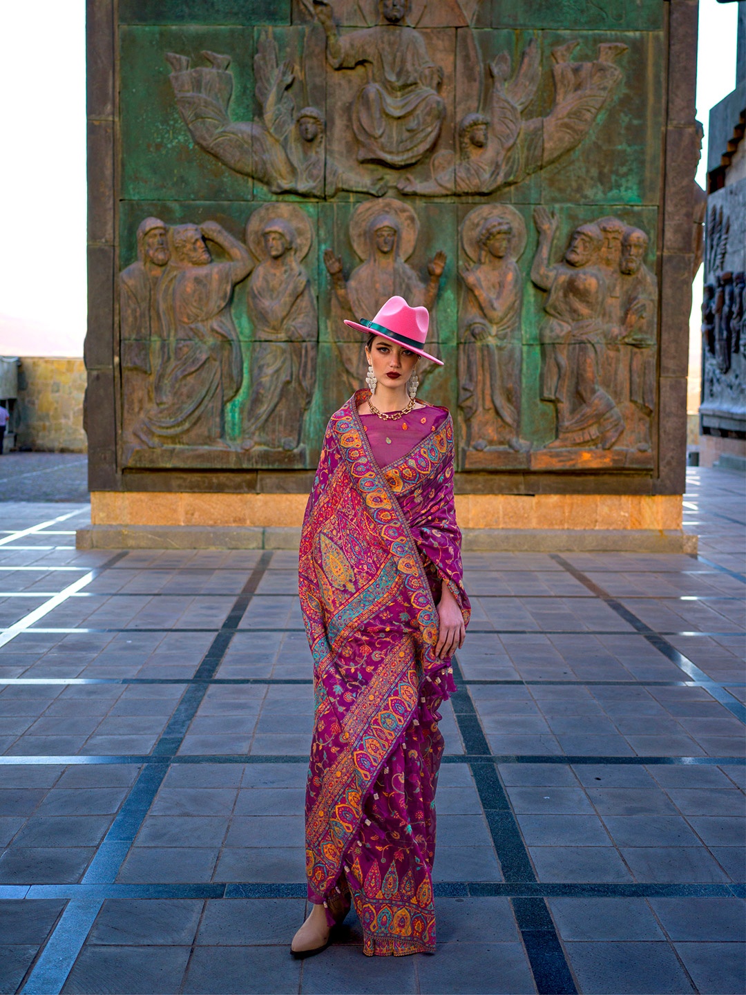 

Mitera Magenta Floral Woven Design Zari Organza Saree