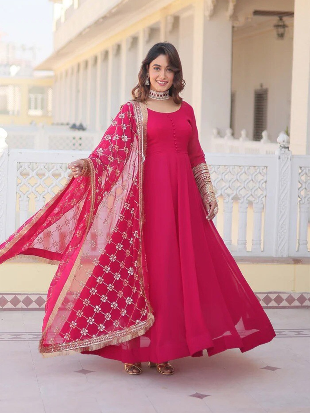 

Fashion Basket Embellished Georgette Fit and Flare Maxi Ethnic Dress With Dupatta, Pink