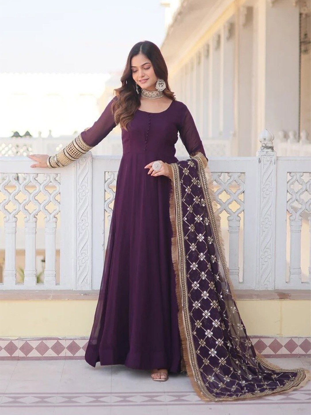 

Fashion Basket Embroidered Semi-Stitched Dress Material, Purple