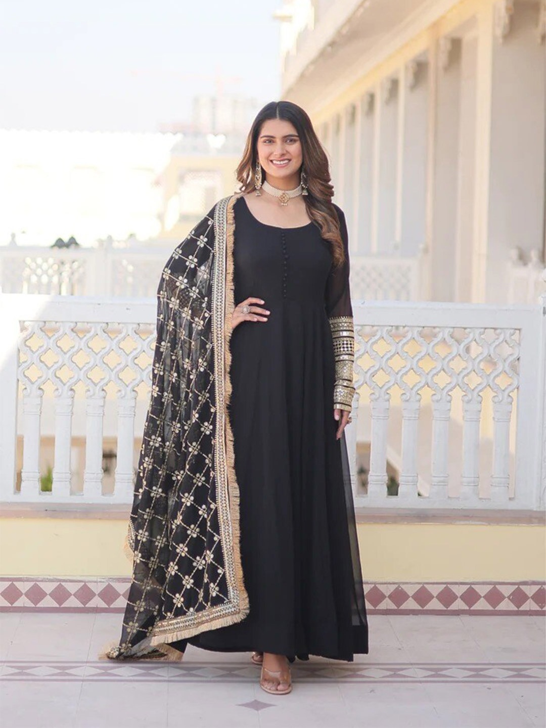 

Fashion Basket Embellished Georgette Fit and Flare Maxi Ethnic Dress With Dupatta, Black