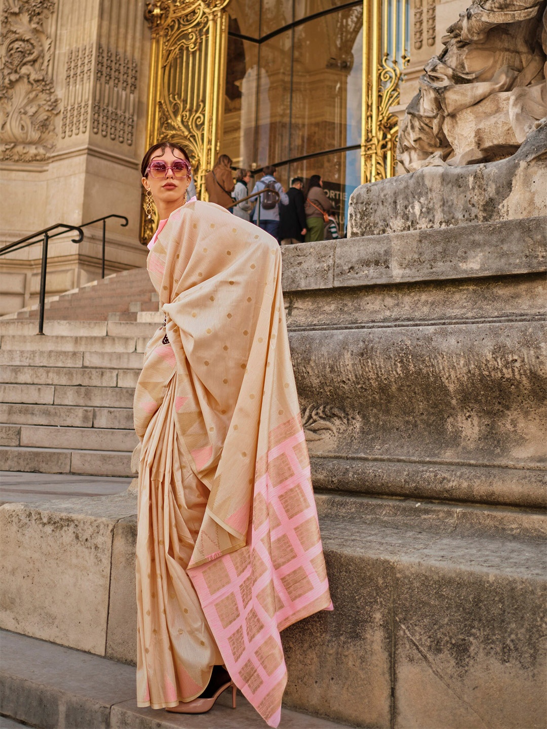 

Mitera Polka Dots Woven Design Zari Banarasi Saree, Beige