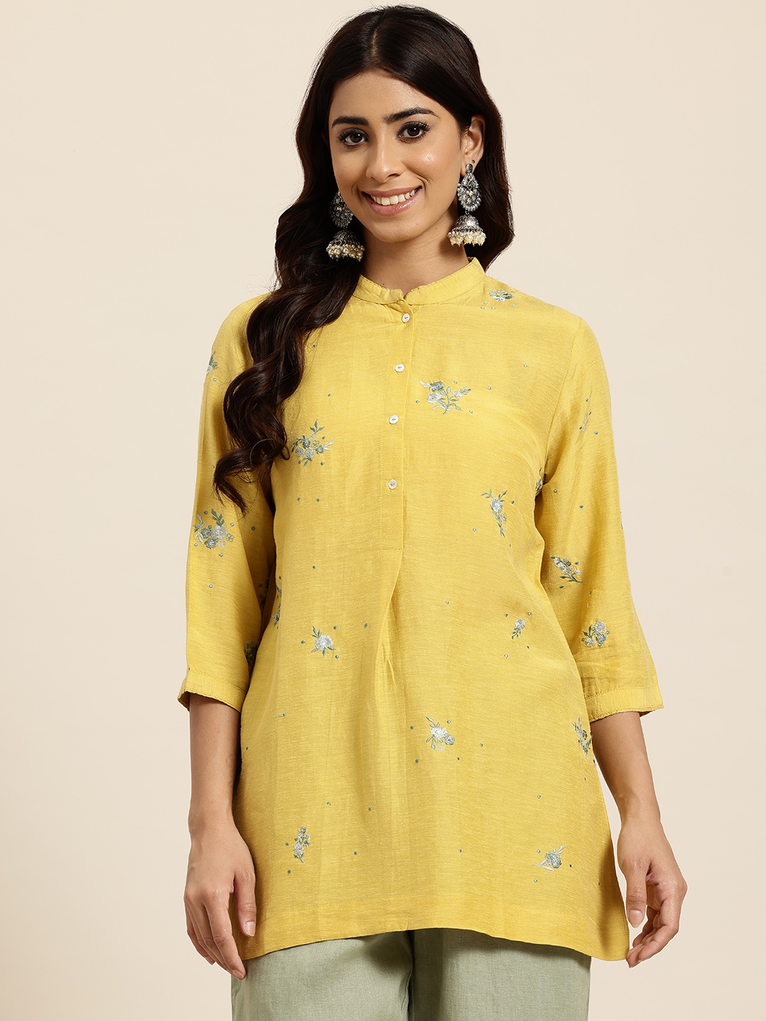 

HERE&NOW Embroidered Mandarin Collar Linen Longline Top, Yellow