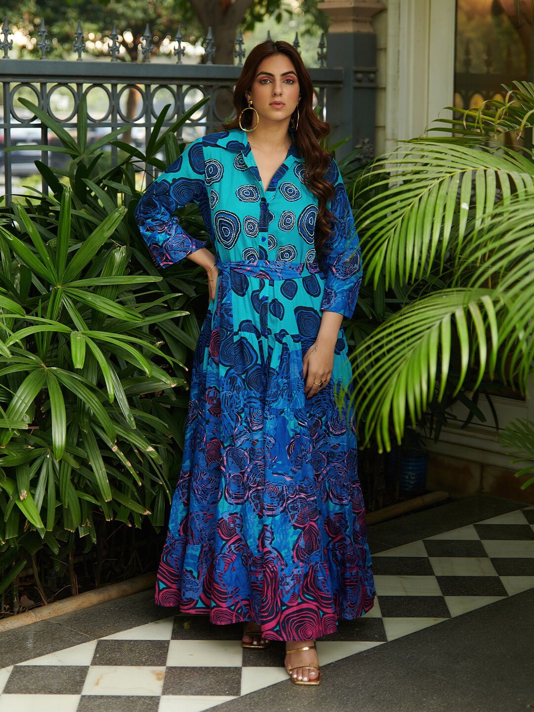 

CIN CIN Floral Printed Shirt Collar Maxi Dress, Blue