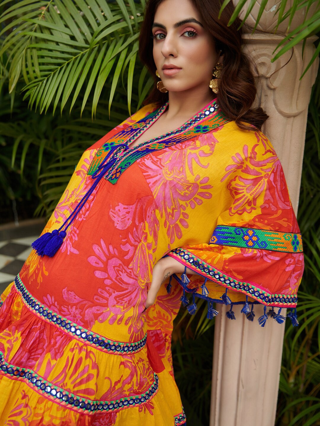 

CIN CIN Floral Printed V-Neck Kaftan Dress, Orange