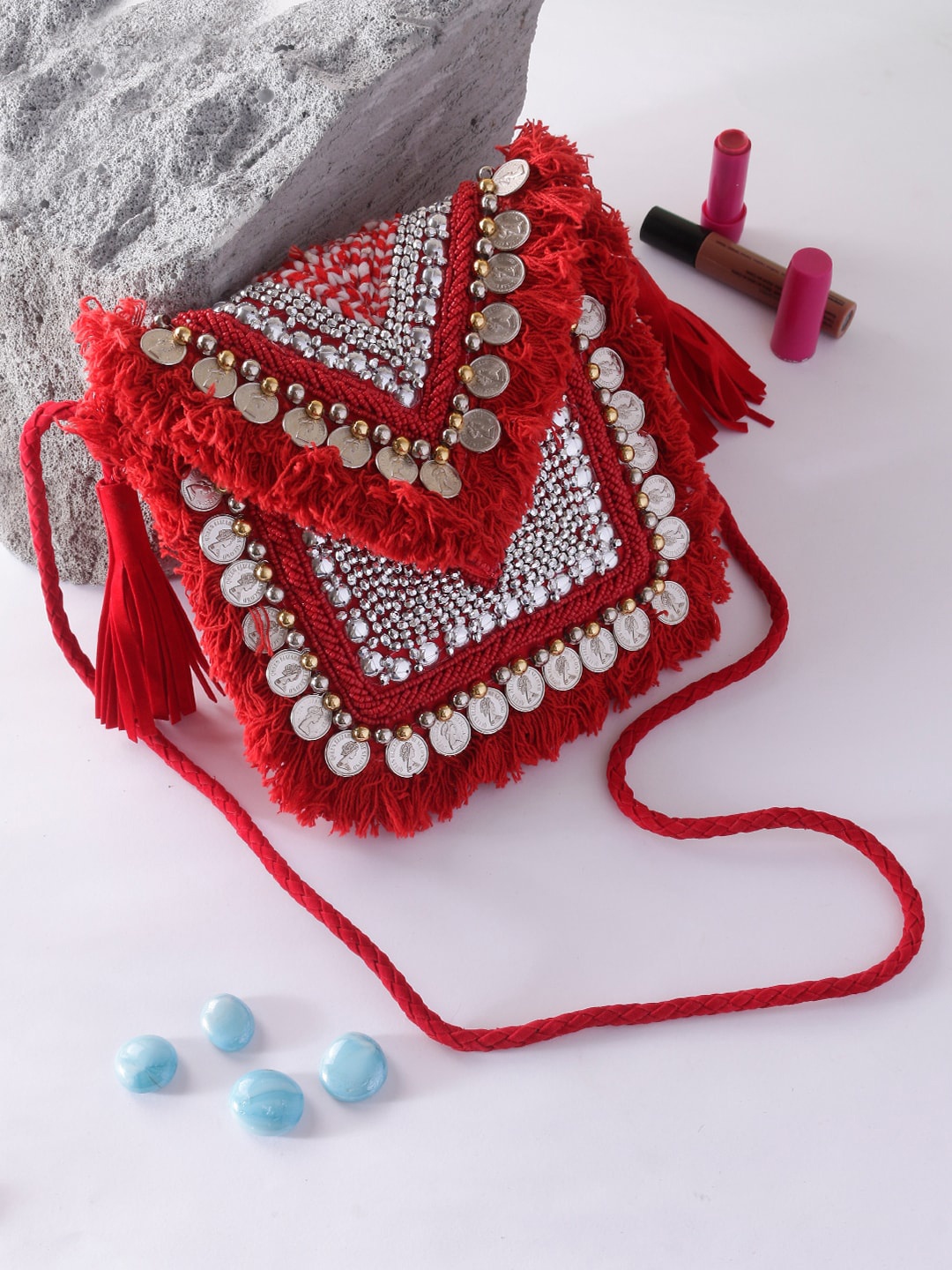 

Swisni Embellished Structured Mini Banjara Boho Sling Bag with Tasselled, Red