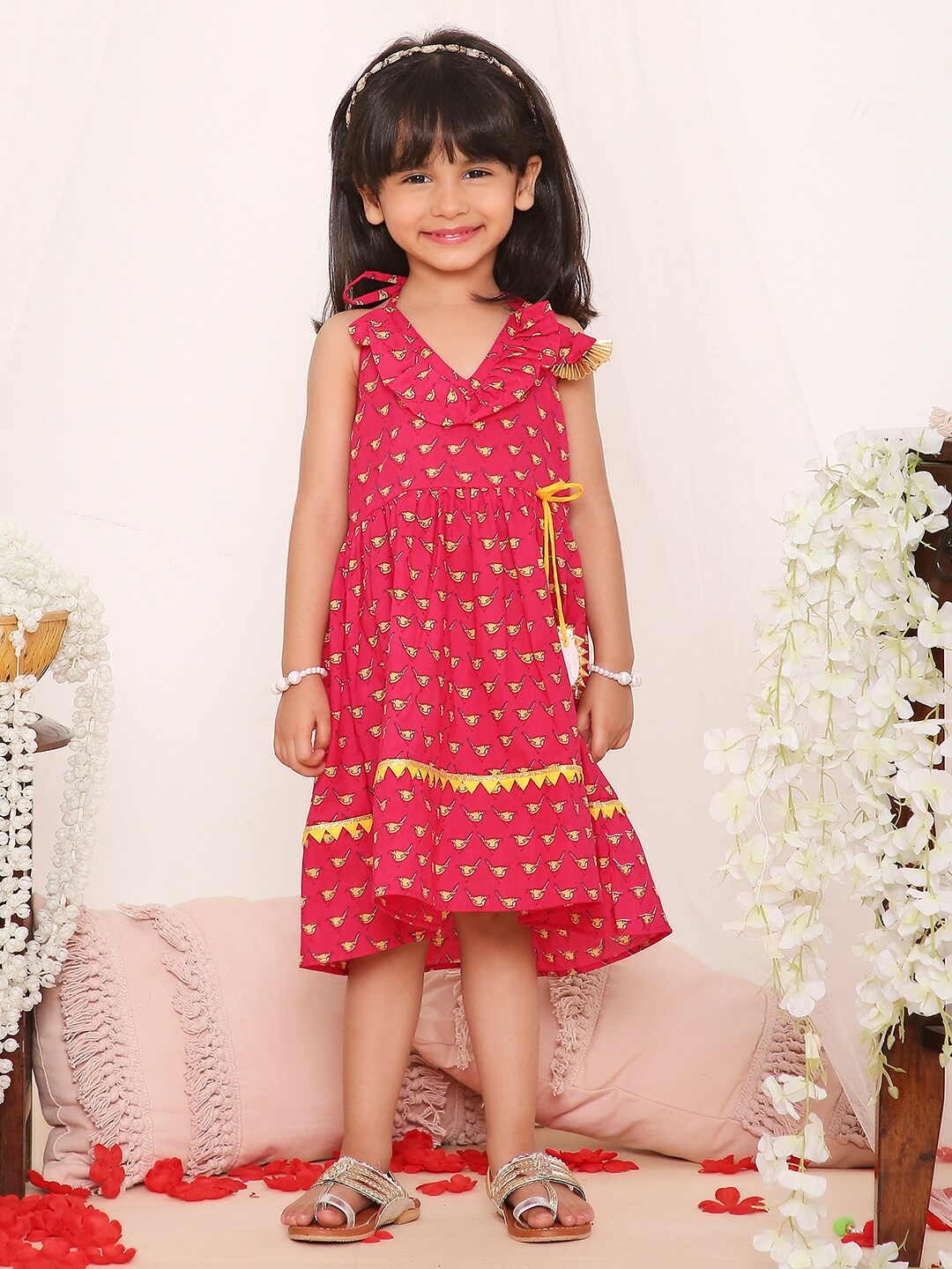 

KID1 Girls Floral Print Tie Up Neck Sleeveless Fit & Flare Dress, Pink