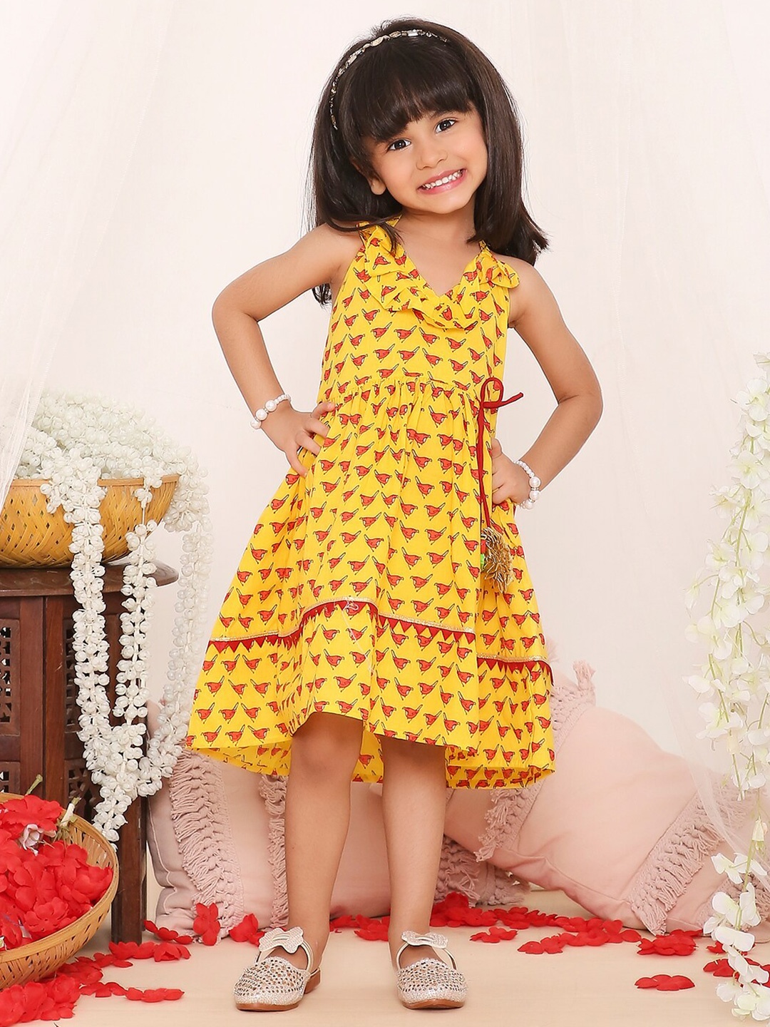 

KID1 Girls Floral Printed Cotton Ruffle Fit & Flare Dress, Yellow