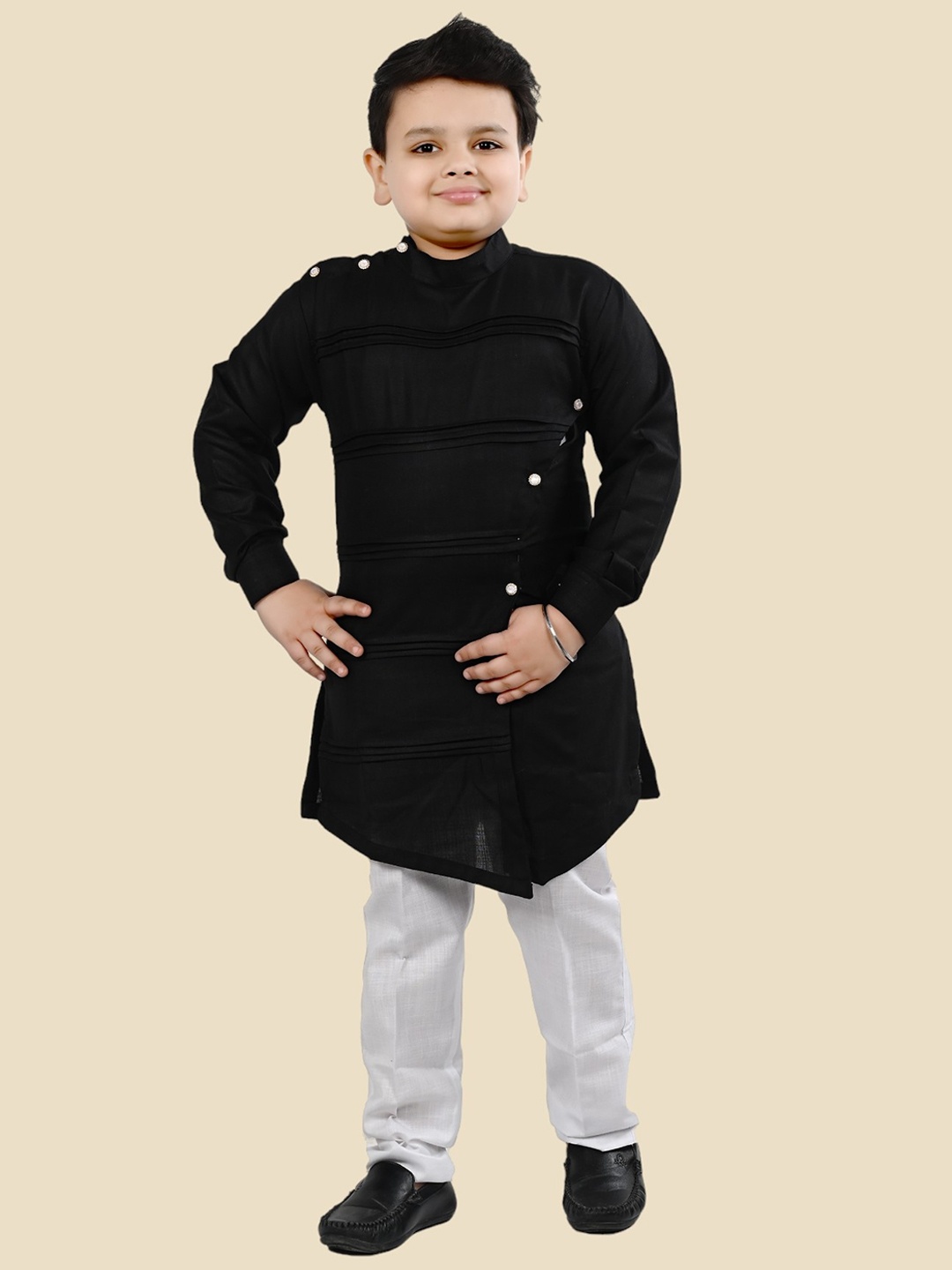 

BT DEZINES Boys Angrakha Pure Cotton Kurta with Pyjamas, Black