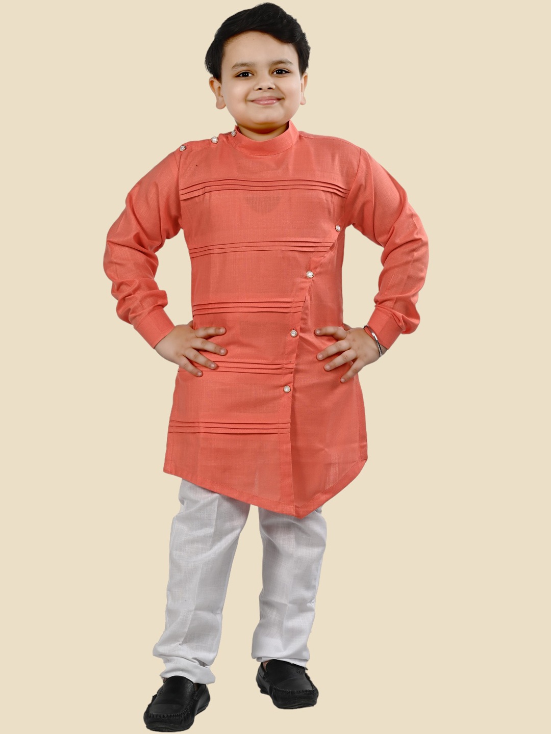 

BT DEZINES Boys Angrakha Pure Cotton Kurta with Pyjamas, Peach