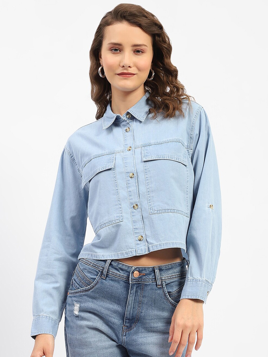 

Madame Women Spread Collar Casual Shirt, Blue