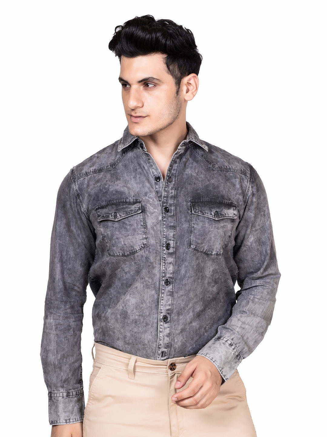

TBS- THE BARGAIN STREET Standard Faded Opaque Cotton Casual Denim Shirt, Grey