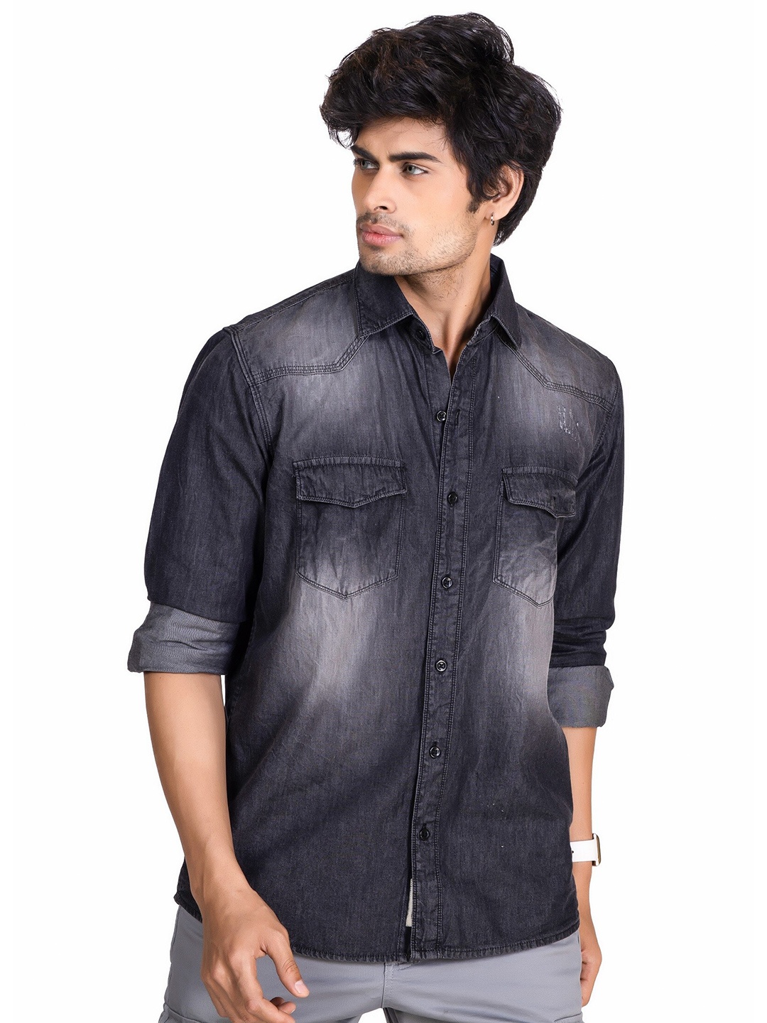 

TBS- THE BARGAIN STREET Standard Faded Opaque Cotton Casual Denim Shirt, Black