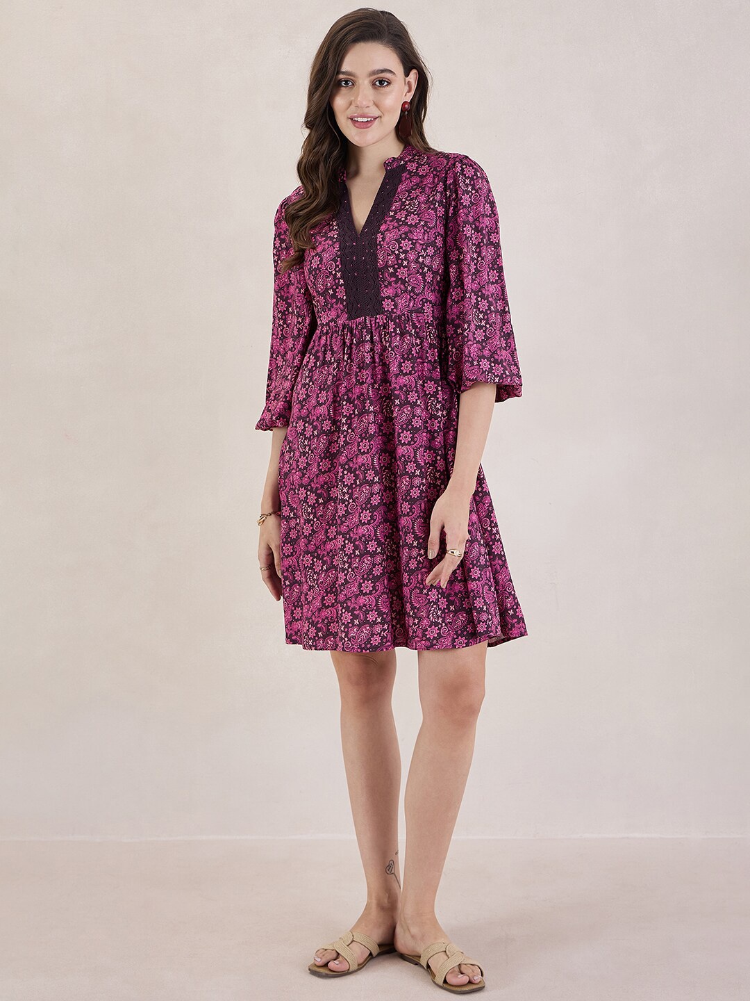 

FEMMELLA Floral Print Mandarin Collar Regular Sleeves Fit & Flare Knee Length Dress, Maroon