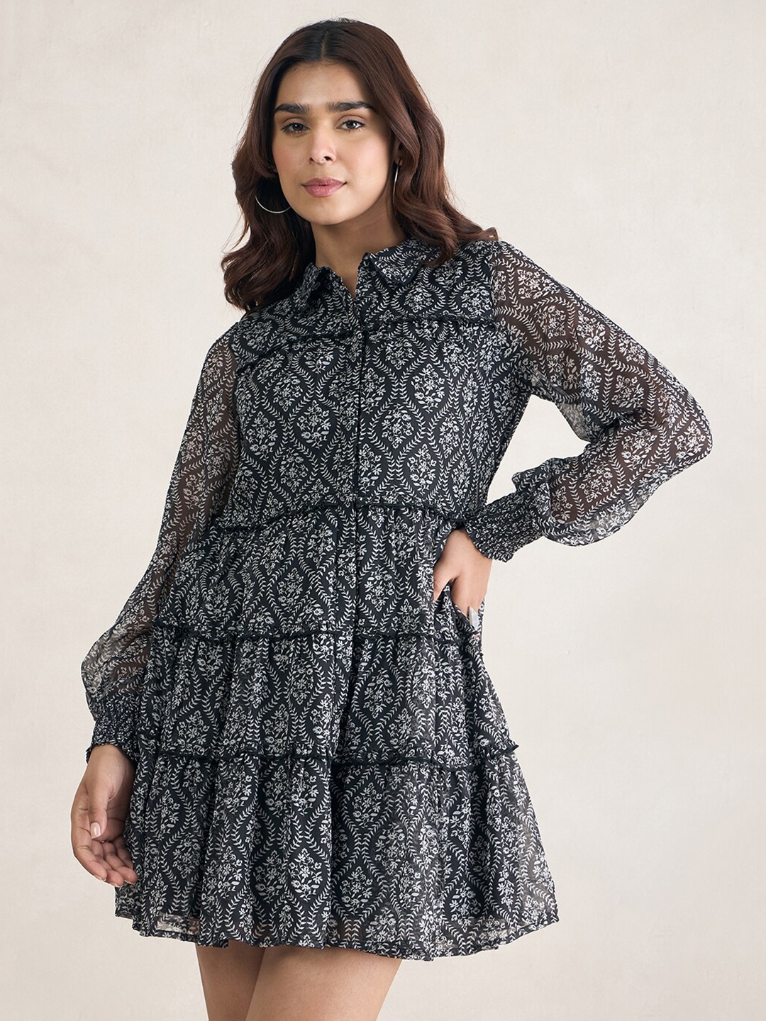

FEMMELLA Ethnic Motifs Printed A-Line Dress, Black