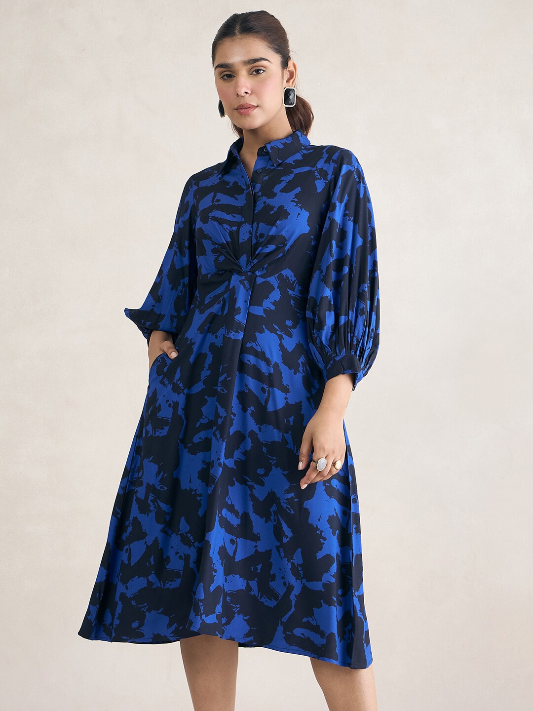 

FEMMELLA Printed Puff Sleeve A-Line Midi Dress, Blue