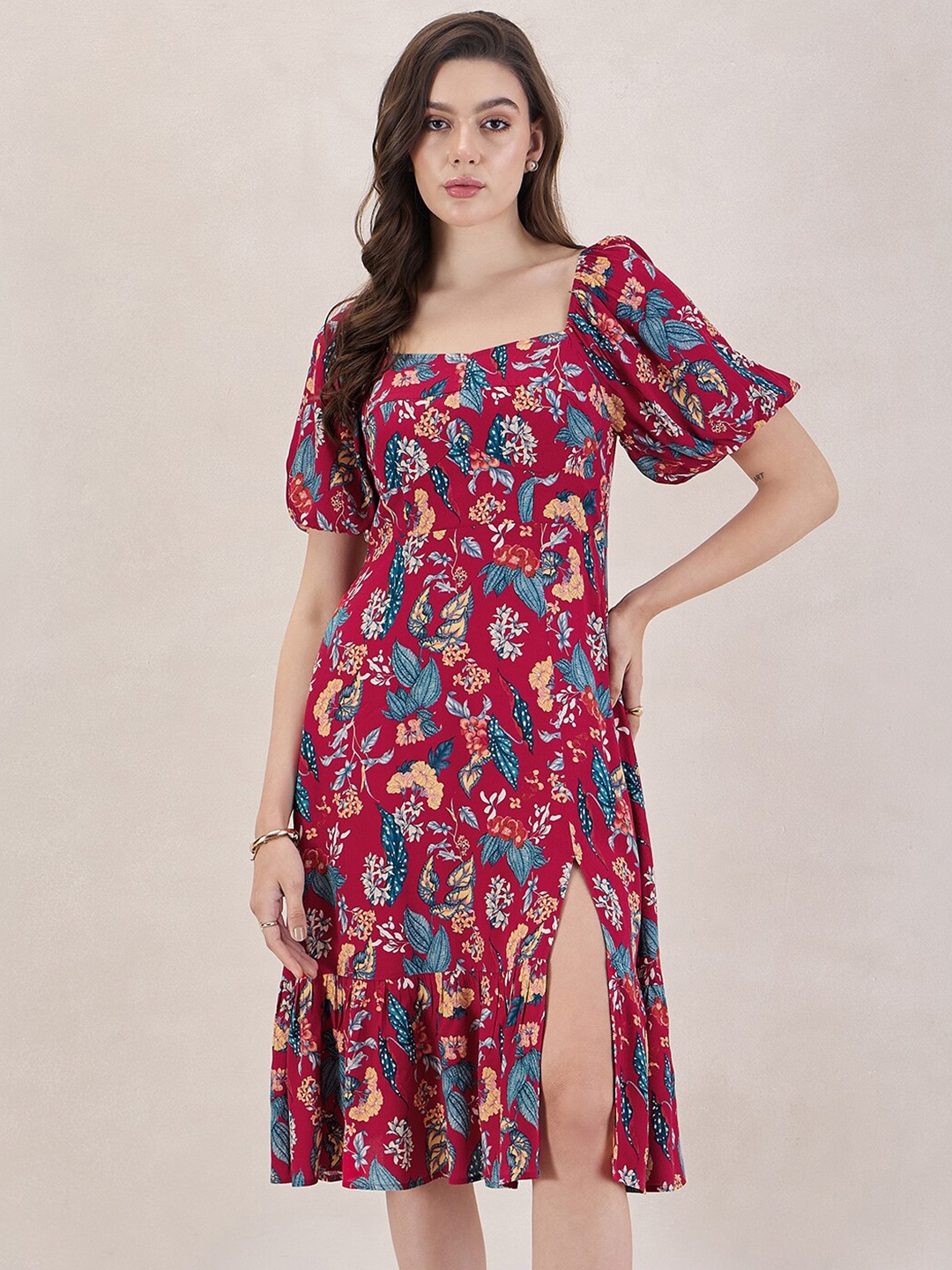

FEMMELLA Floral Printed A-Line Dress, Red