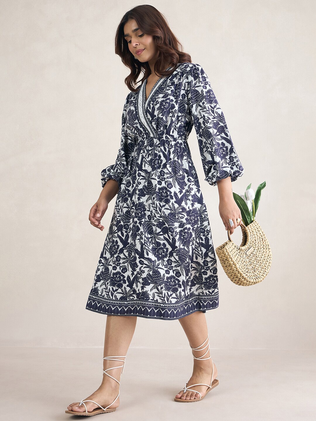 

FEMMELLA Floral Printed A-Line Wrap Dress, Navy blue