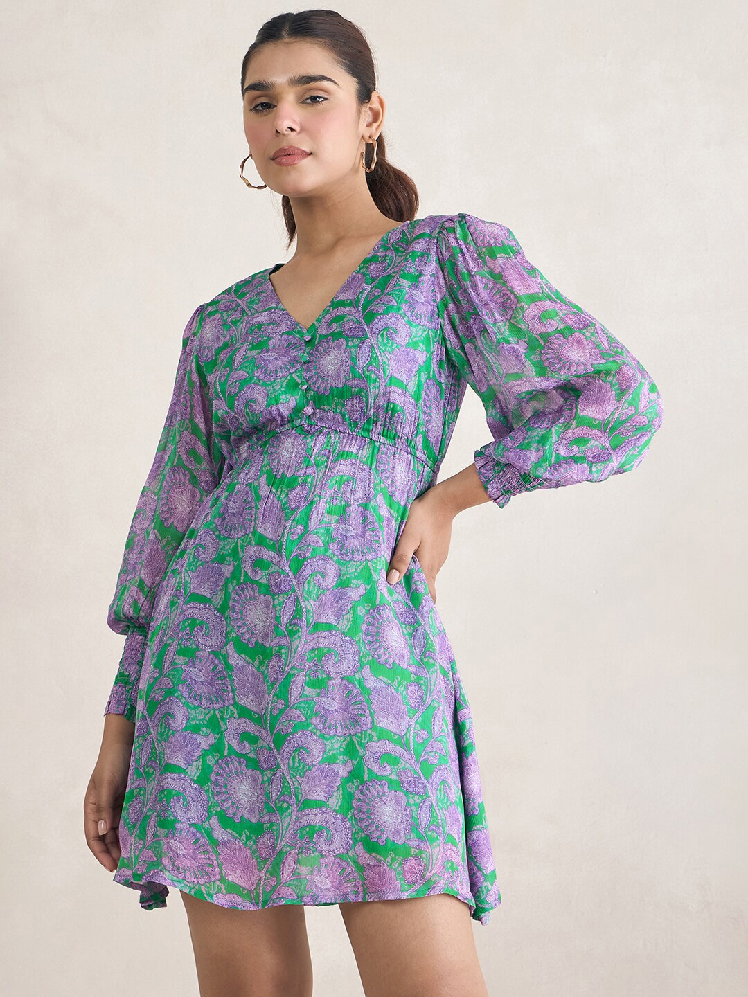 

FEMMELLA Floral Printed Puff Sleeve Fit & Flare Midi Dress, Green