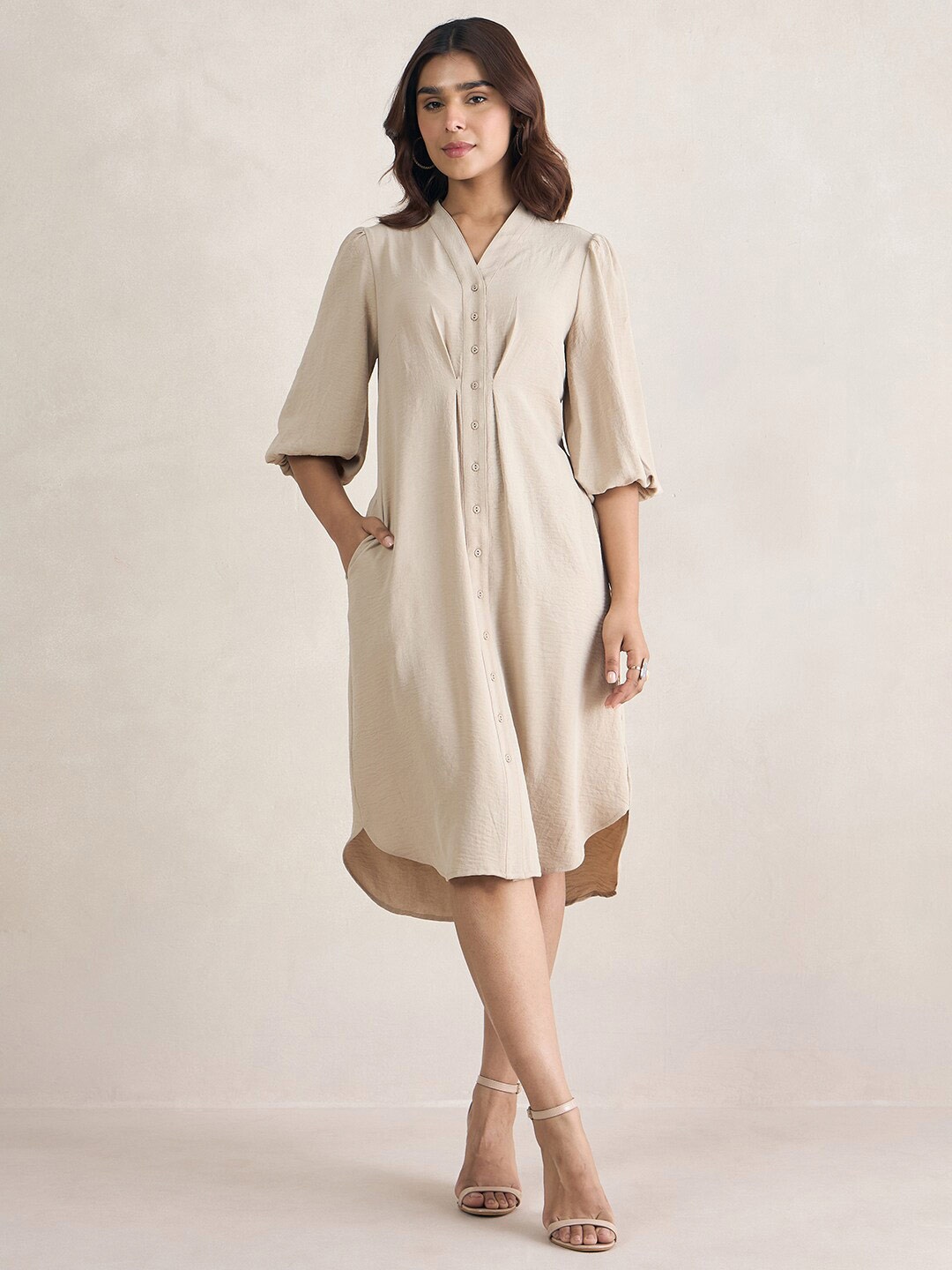 

FEMMELLA V-Neck High-Low Button Down Shirt Midi Dress, Beige