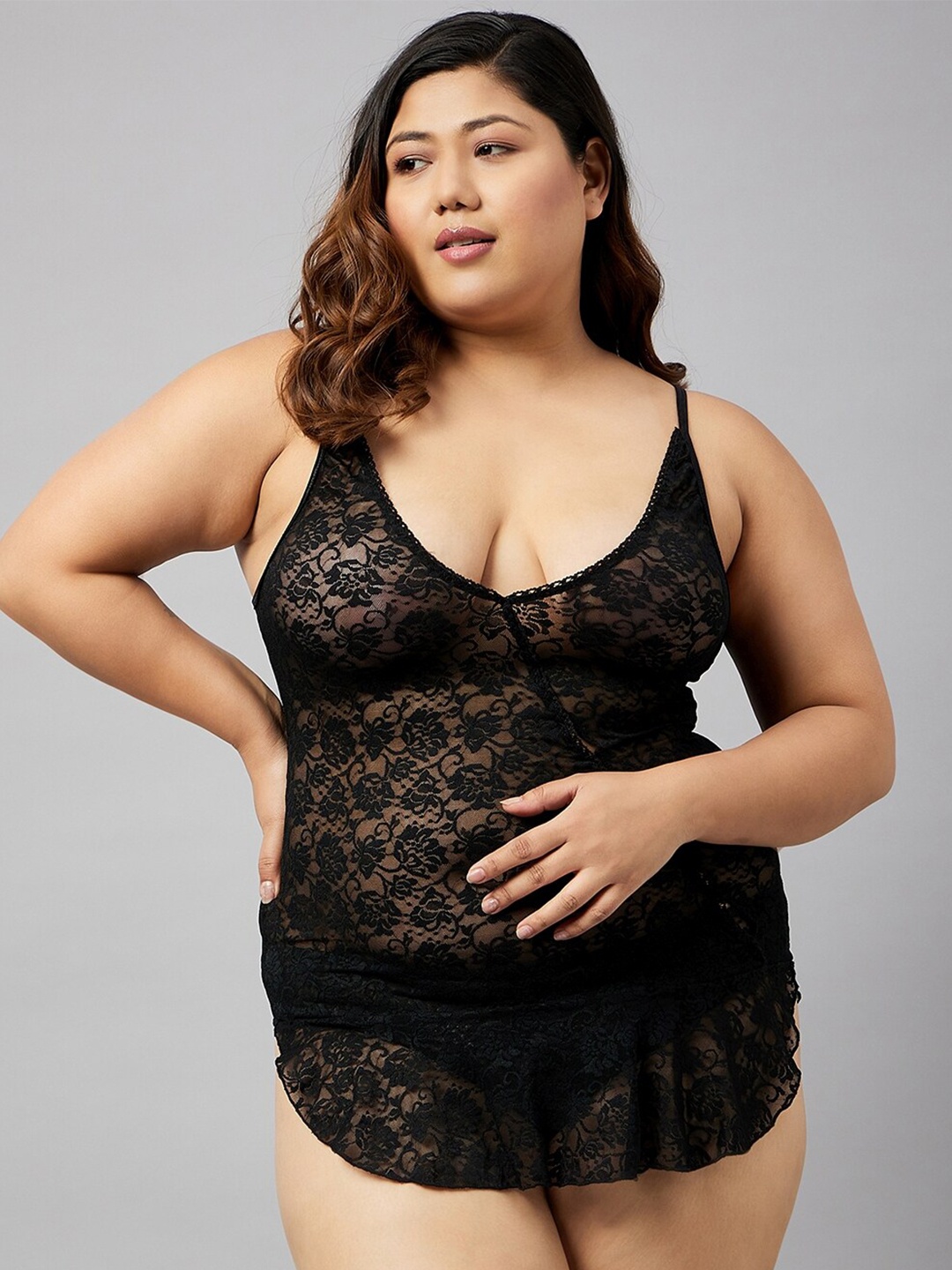 

Curves By ZeroKaata Plus Size Self Design Baby Doll, Black