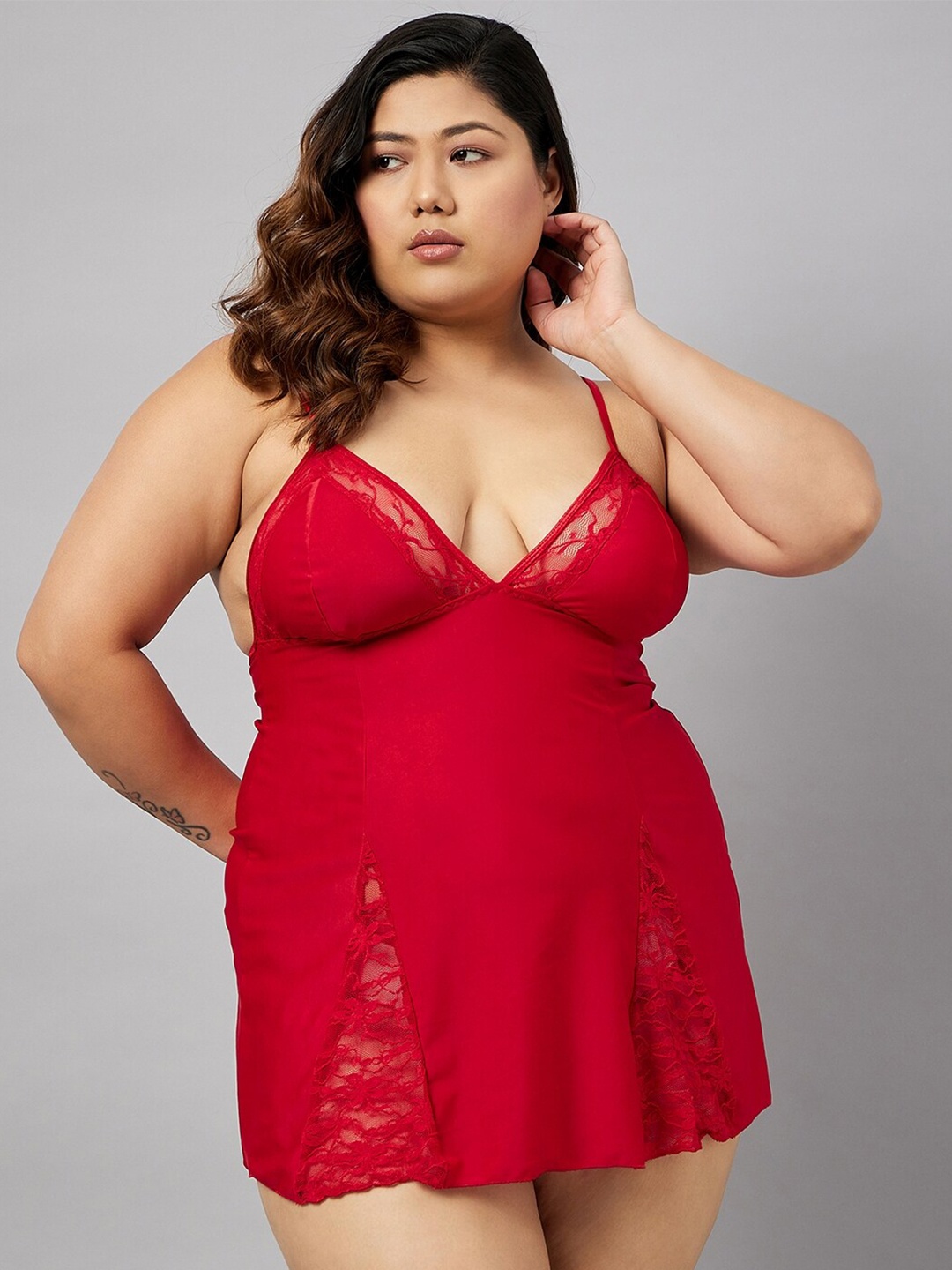 

Curves By ZeroKaata Plus Size Self Design Baby Doll, Red