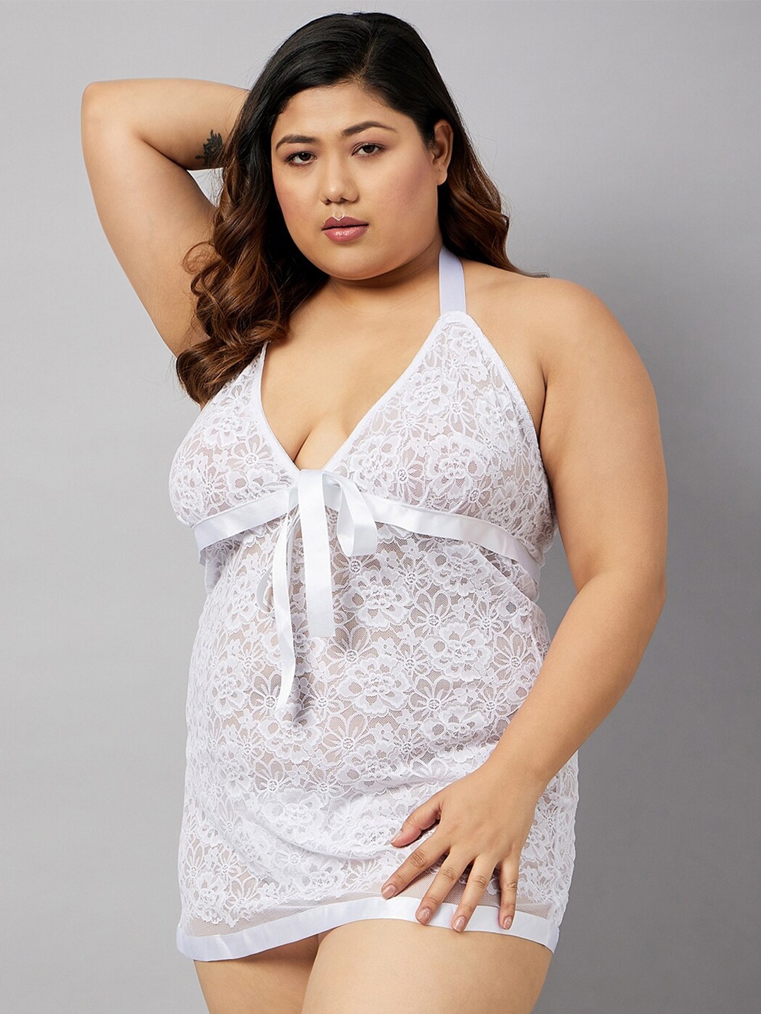 

Curves By ZeroKaata Plus Size Self Design Halter Neck Baby Doll, White