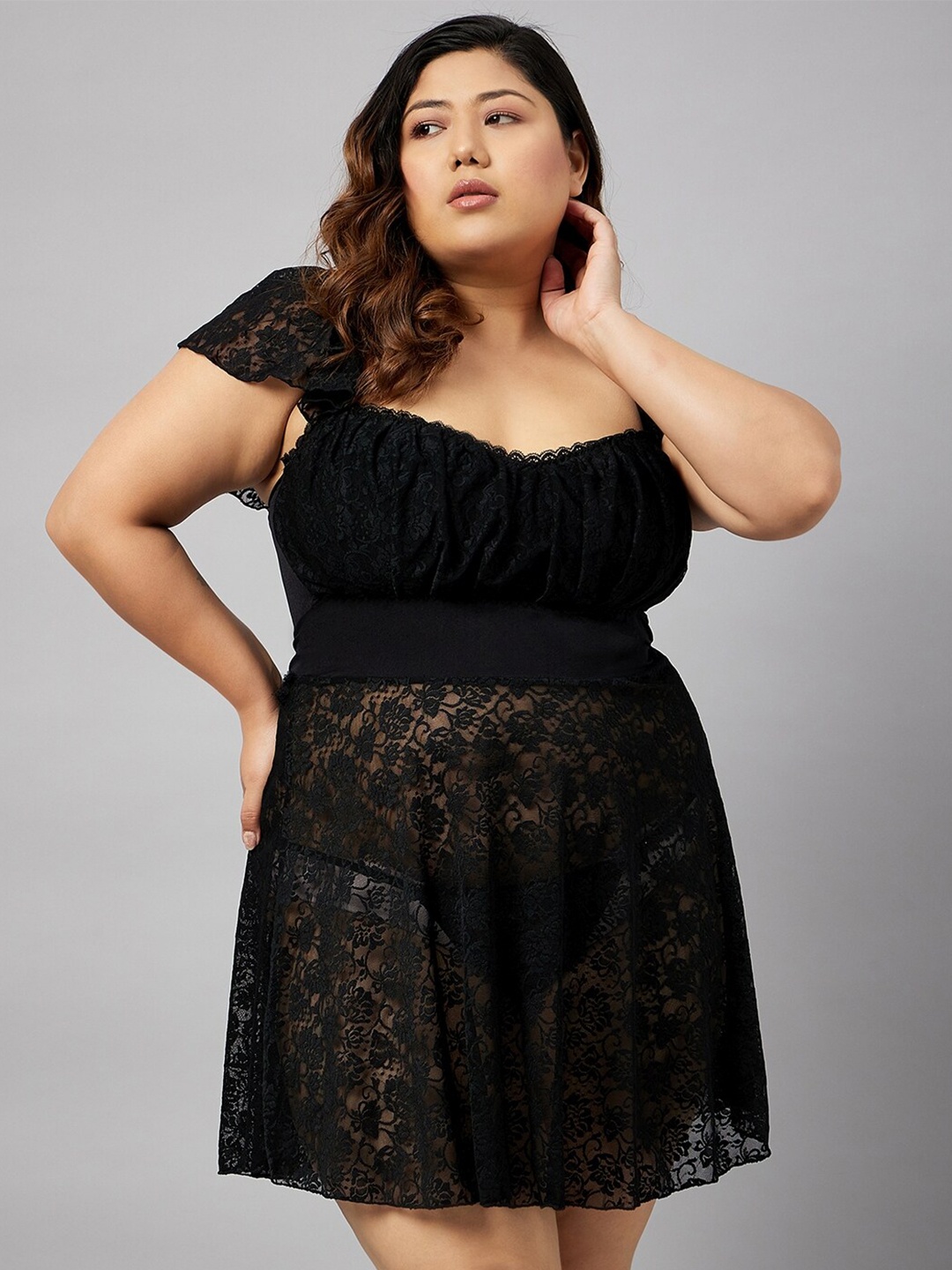 

Curves By ZeroKaata Plus Size Self Design Baby Doll, Black