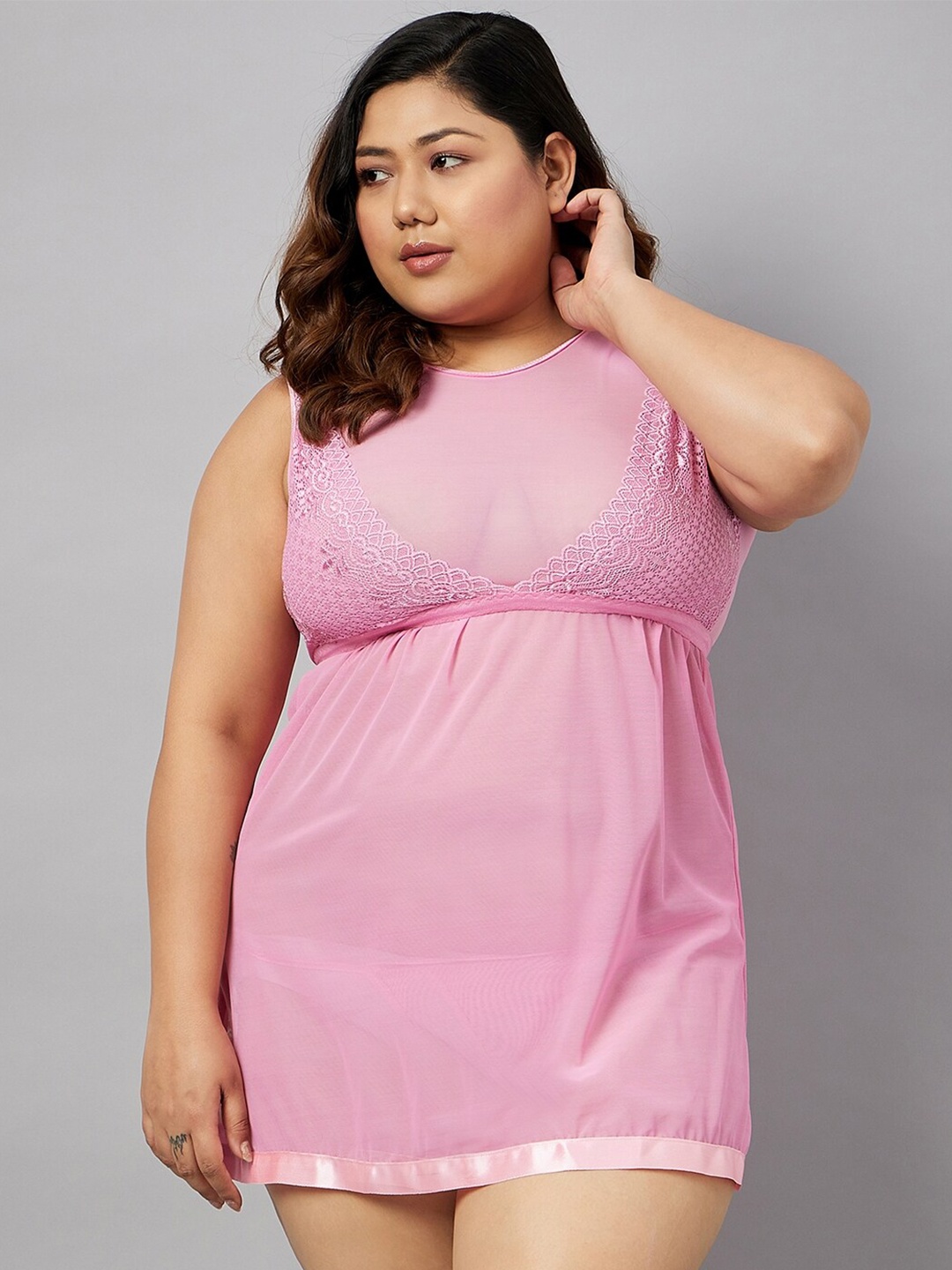 

Curves By ZeroKaata Plus Size Self Design Net Baby Doll, Pink