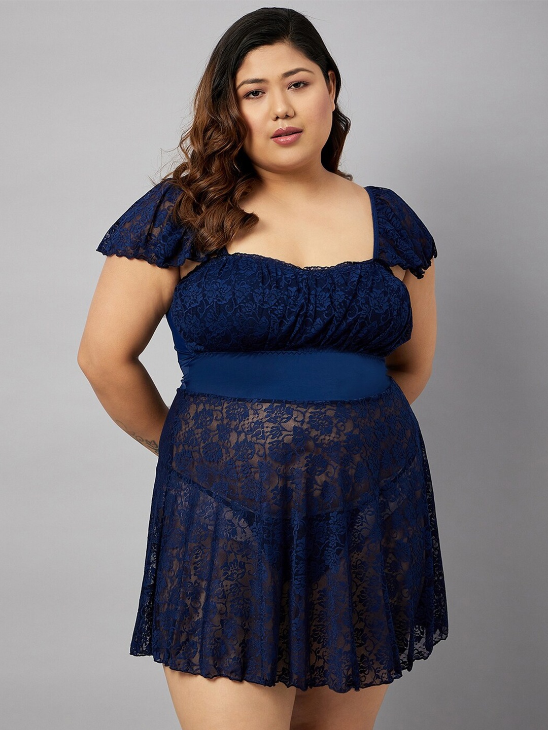 

Curves By ZeroKaata Plus Size Self Design Baby Doll, Navy blue