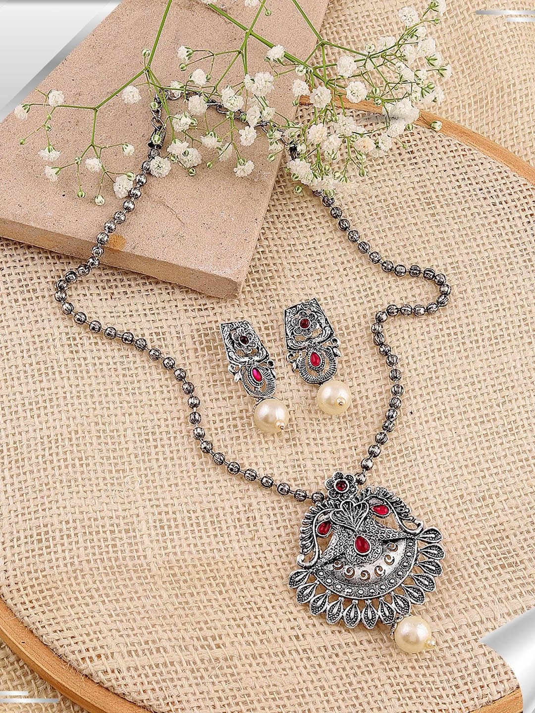 

MANSIYAORANGE Silver Plated German Silver Oxidized Pendant With Earrings