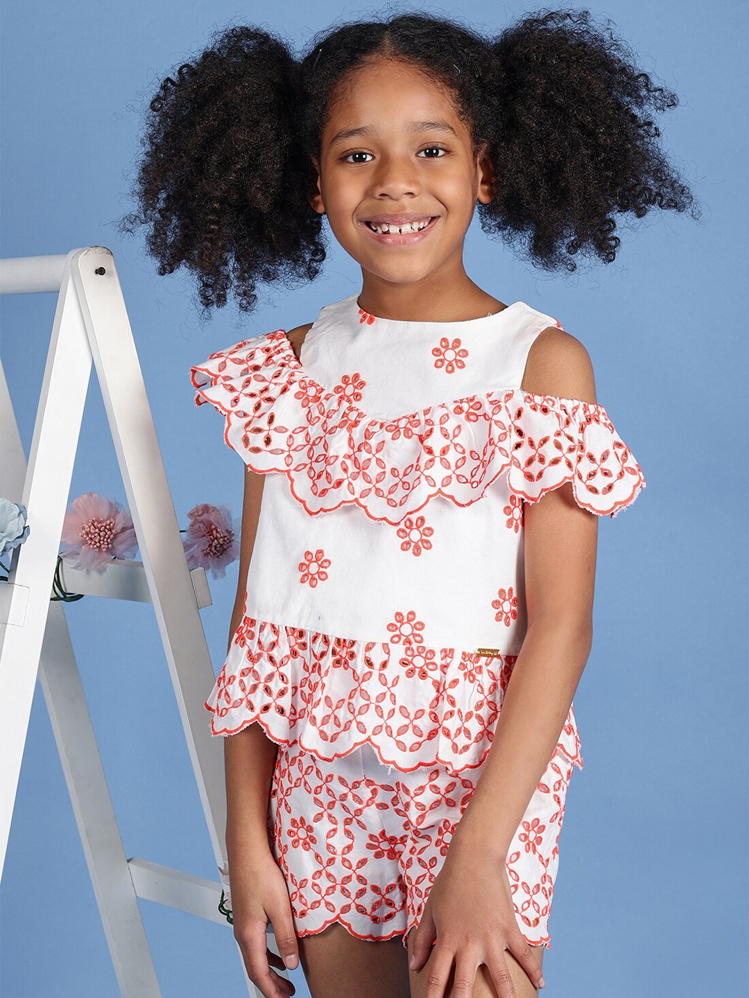 

One Friday Girls Floral Print Cold Shoulder Cotton Top, White