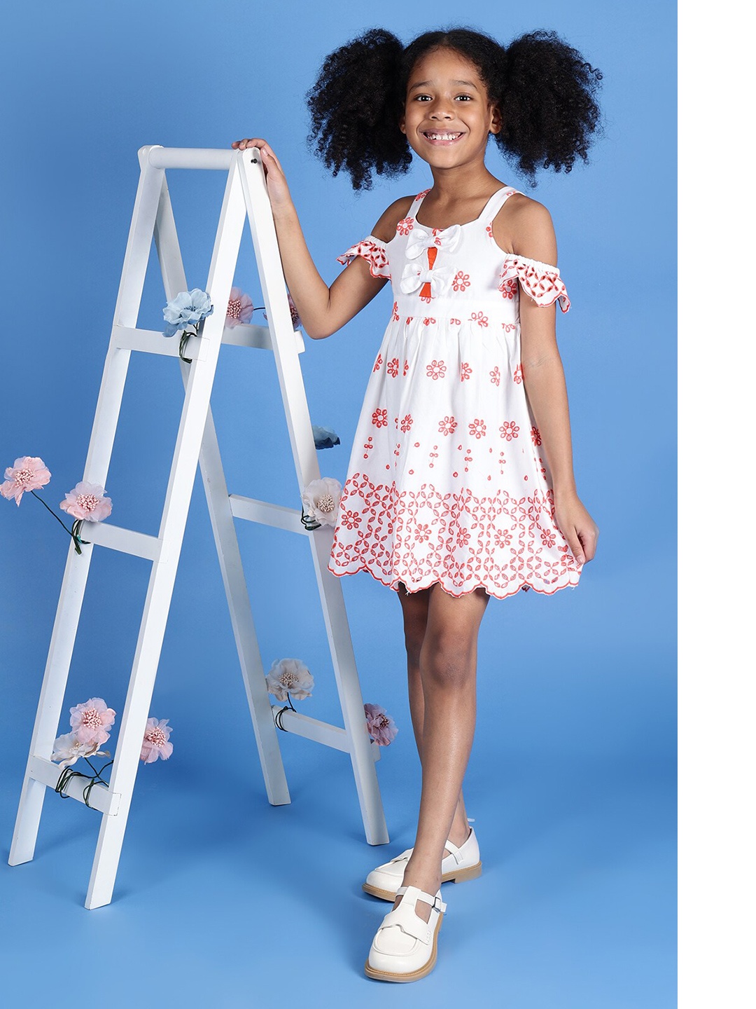 

One Friday Girls Floral Printed A-Line Cotton Mini Dress, White