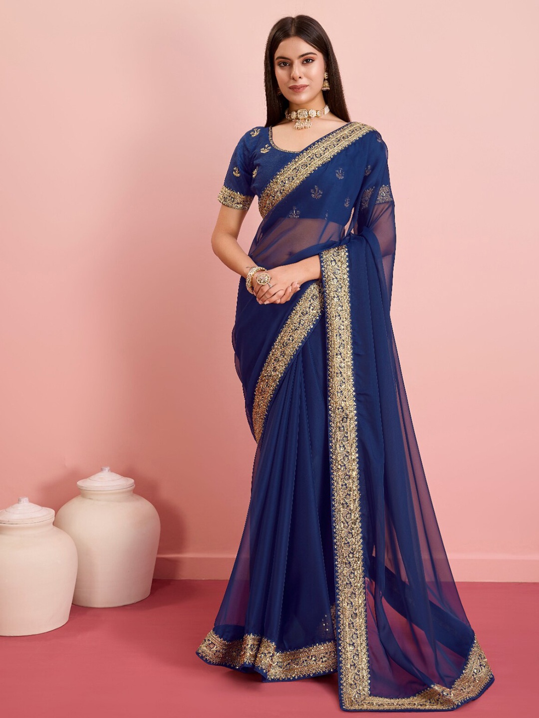 

VAIRAGEE Embroidered Organza Saree, Blue