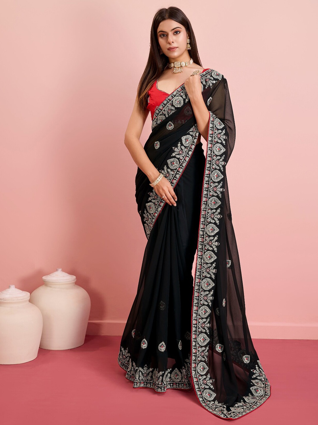 

VAIRAGEE Ethnic Motifs Embroidered Georgette Saree, Black