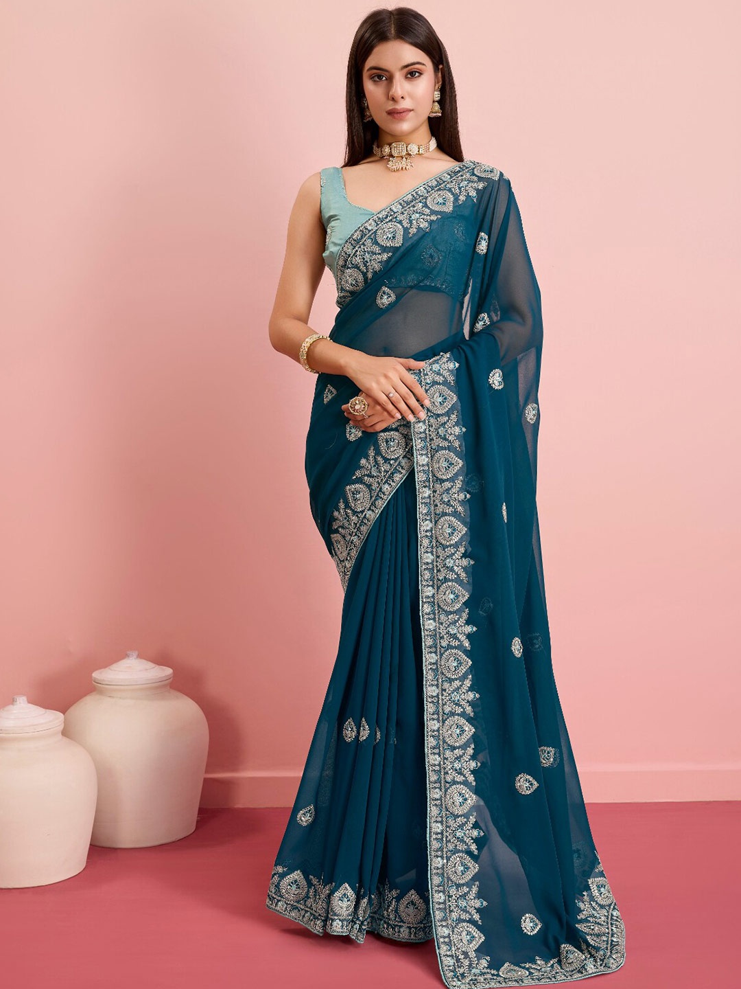 VAIRAGEE Ethnic Motifs Embroidered Saree, Teal
