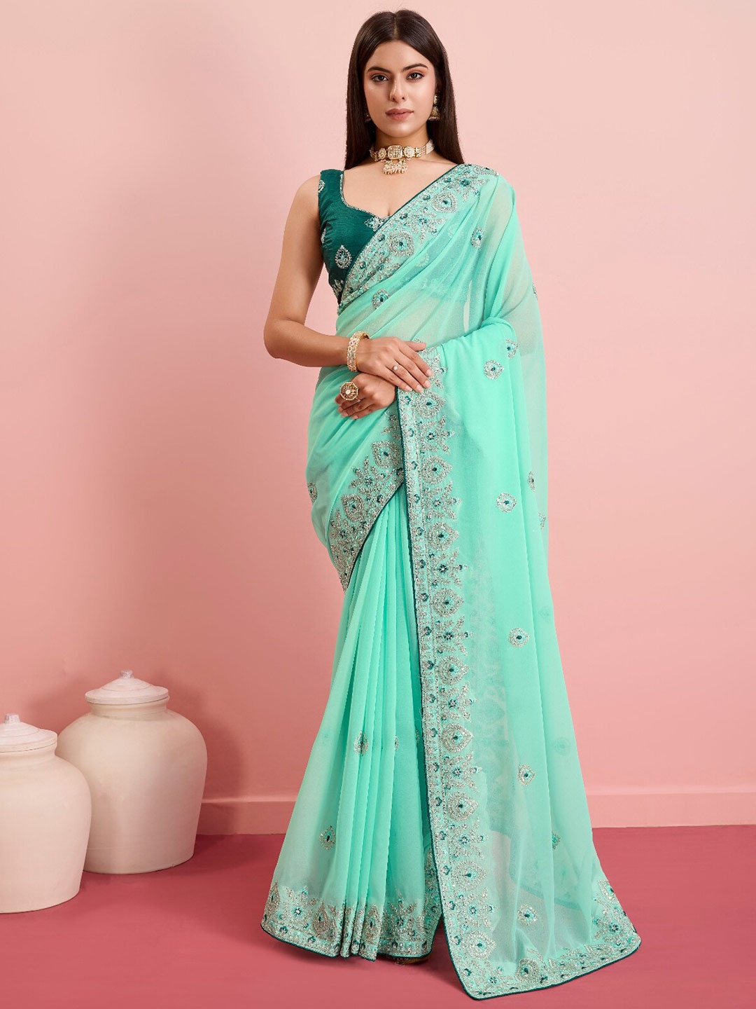 

VAIRAGEE Ethnic Motifs Embroidered Saree, Turquoise blue