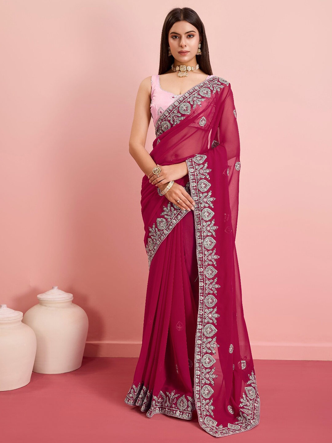 

VAIRAGEE Ethnic Motifs Embroidered Georgette Saree, Maroon