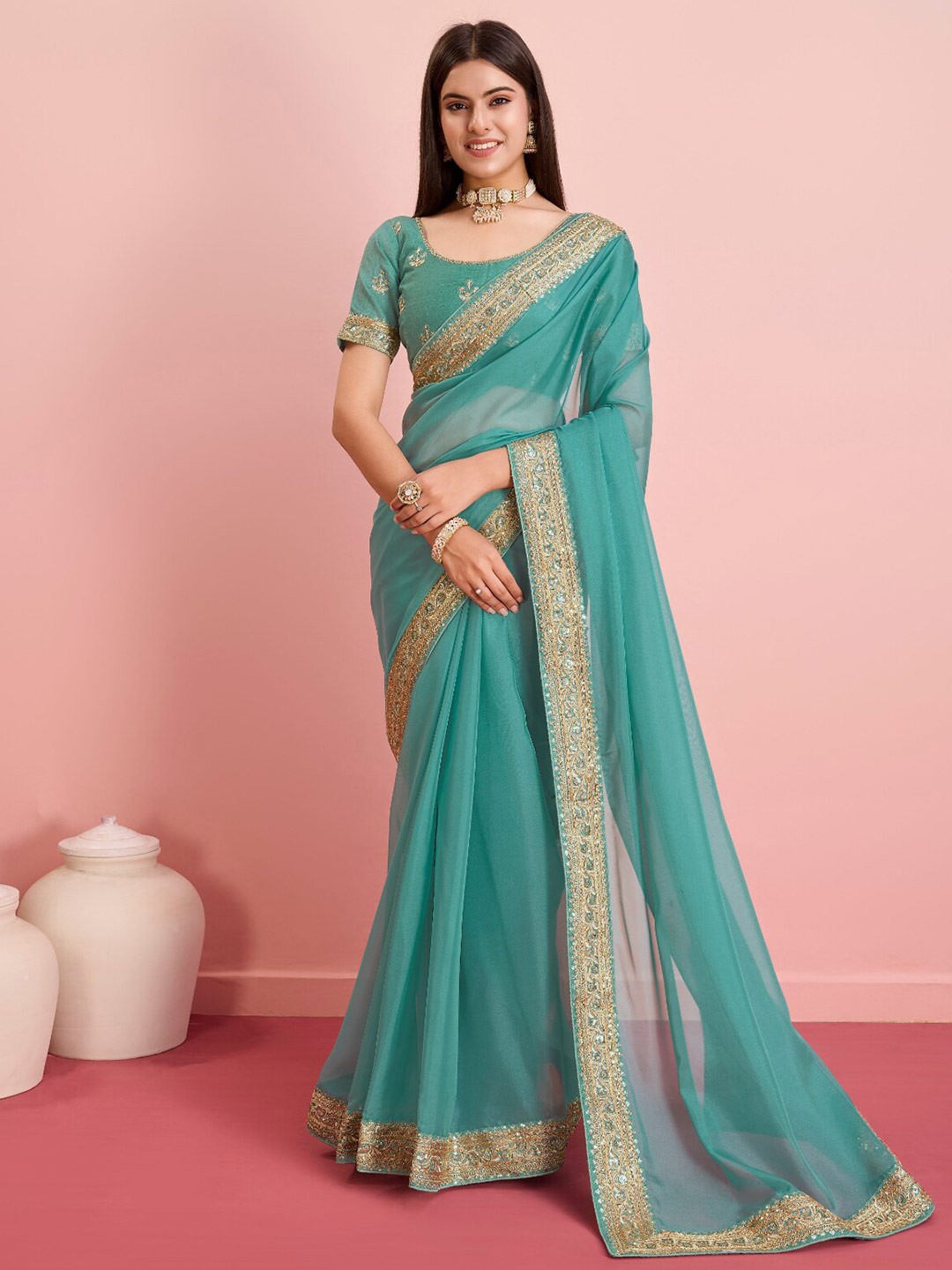 

VAIRAGEE Embroidered Organza Saree, Turquoise blue