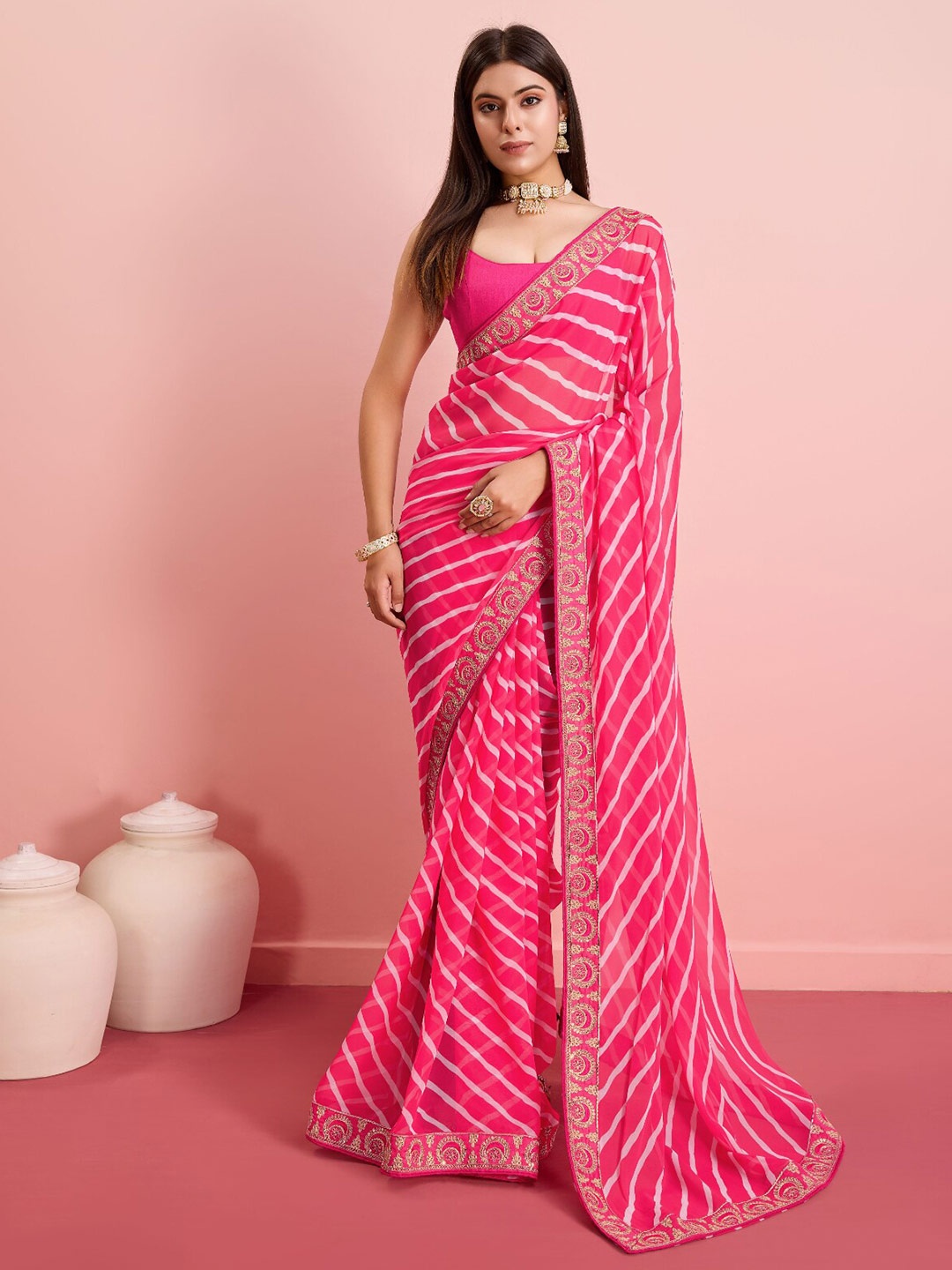 

VAIRAGEE Leheriya Embroidered Georgette Saree, Pink