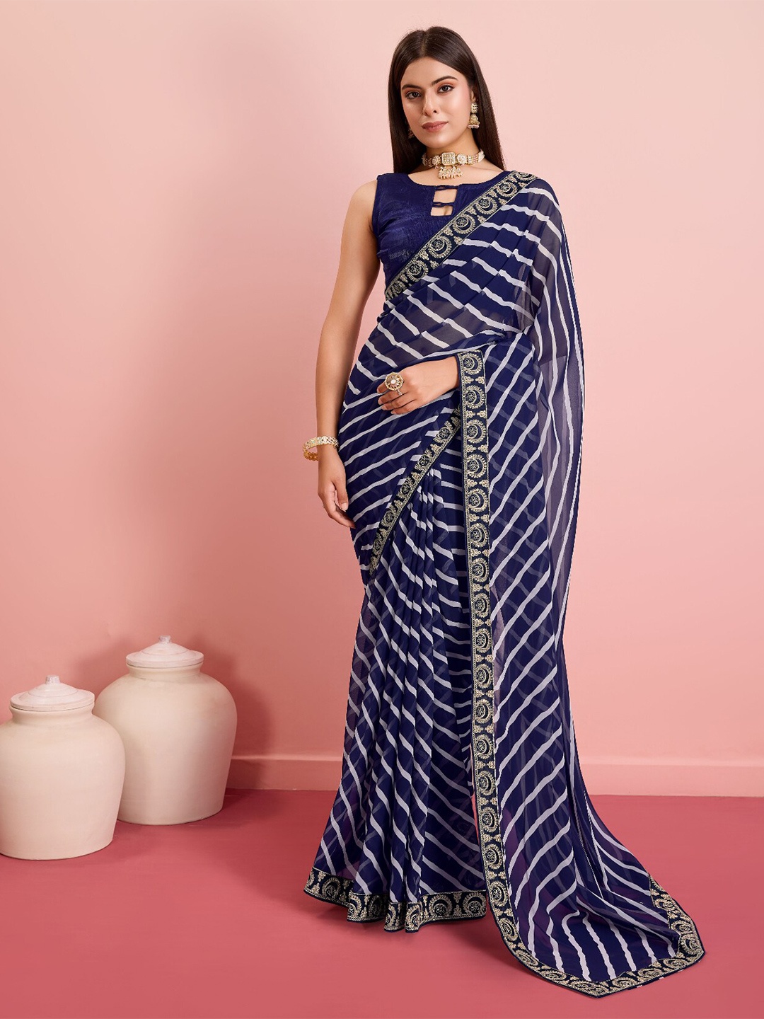 

VAIRAGEE Leheriya Embroidered Georgette Saree, Blue