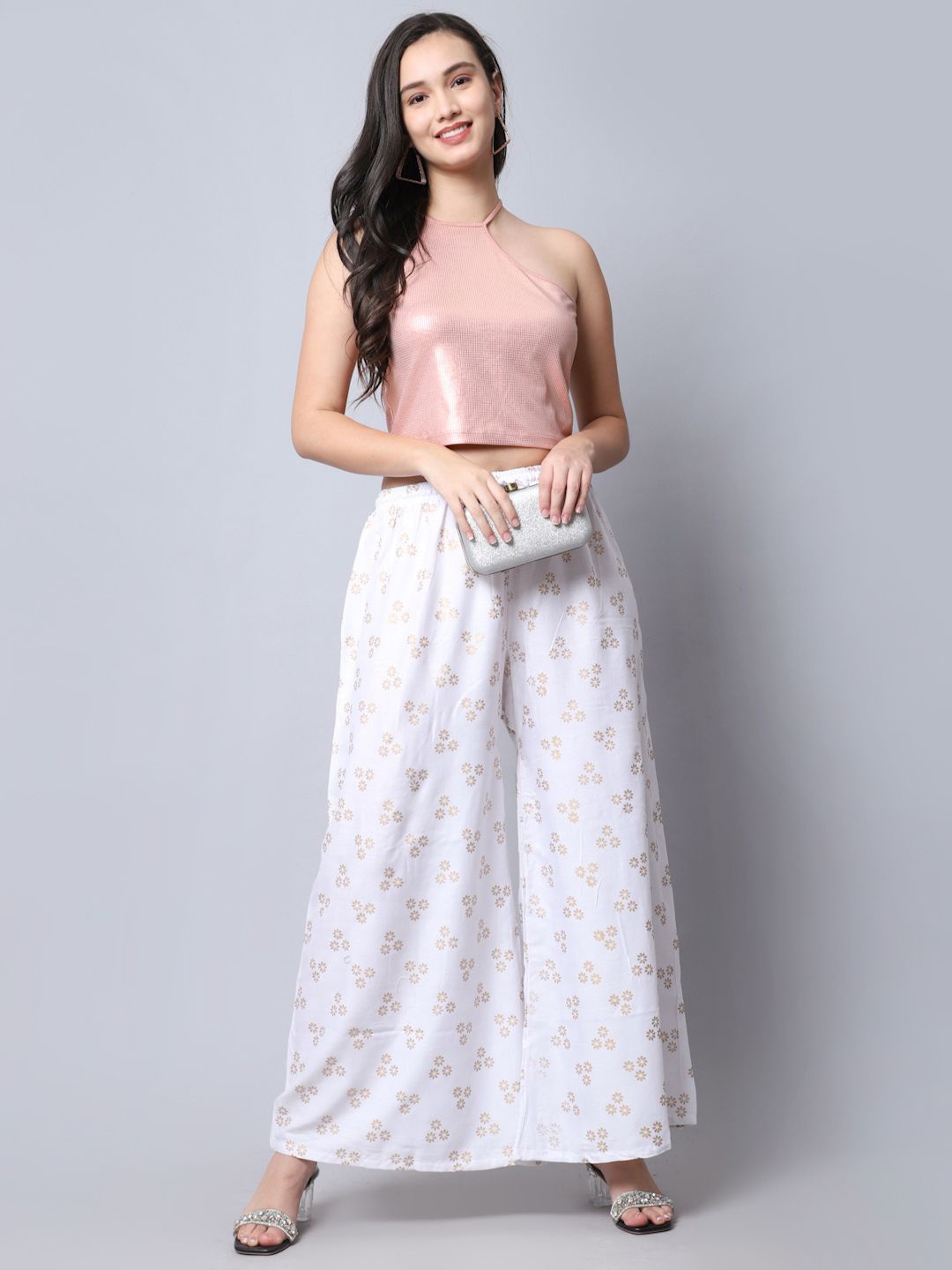 

Jinfo Women Floral Printed Flared Palazzos, White