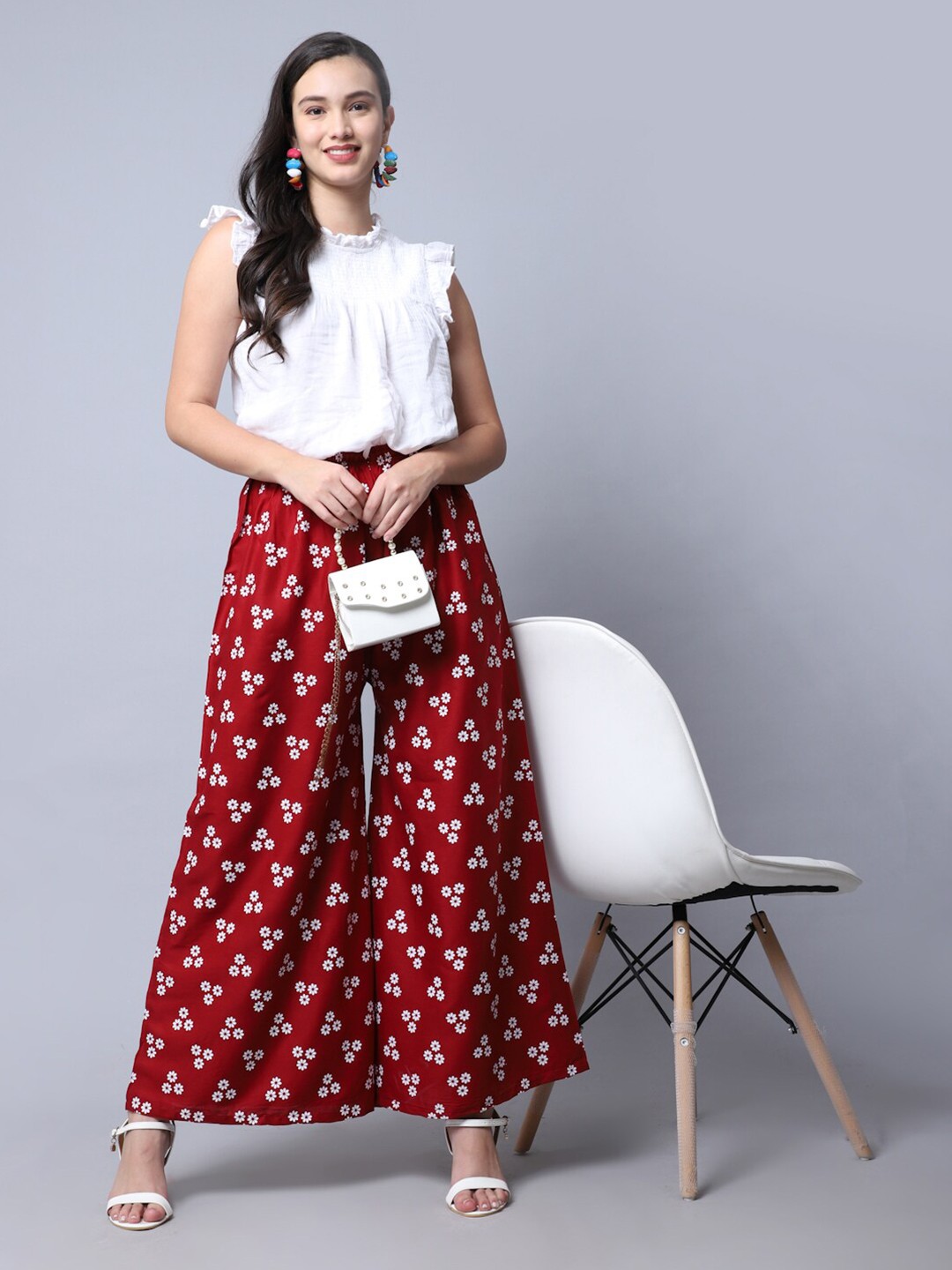 

Jinfo Floral Printed Flared Palazzos, Maroon