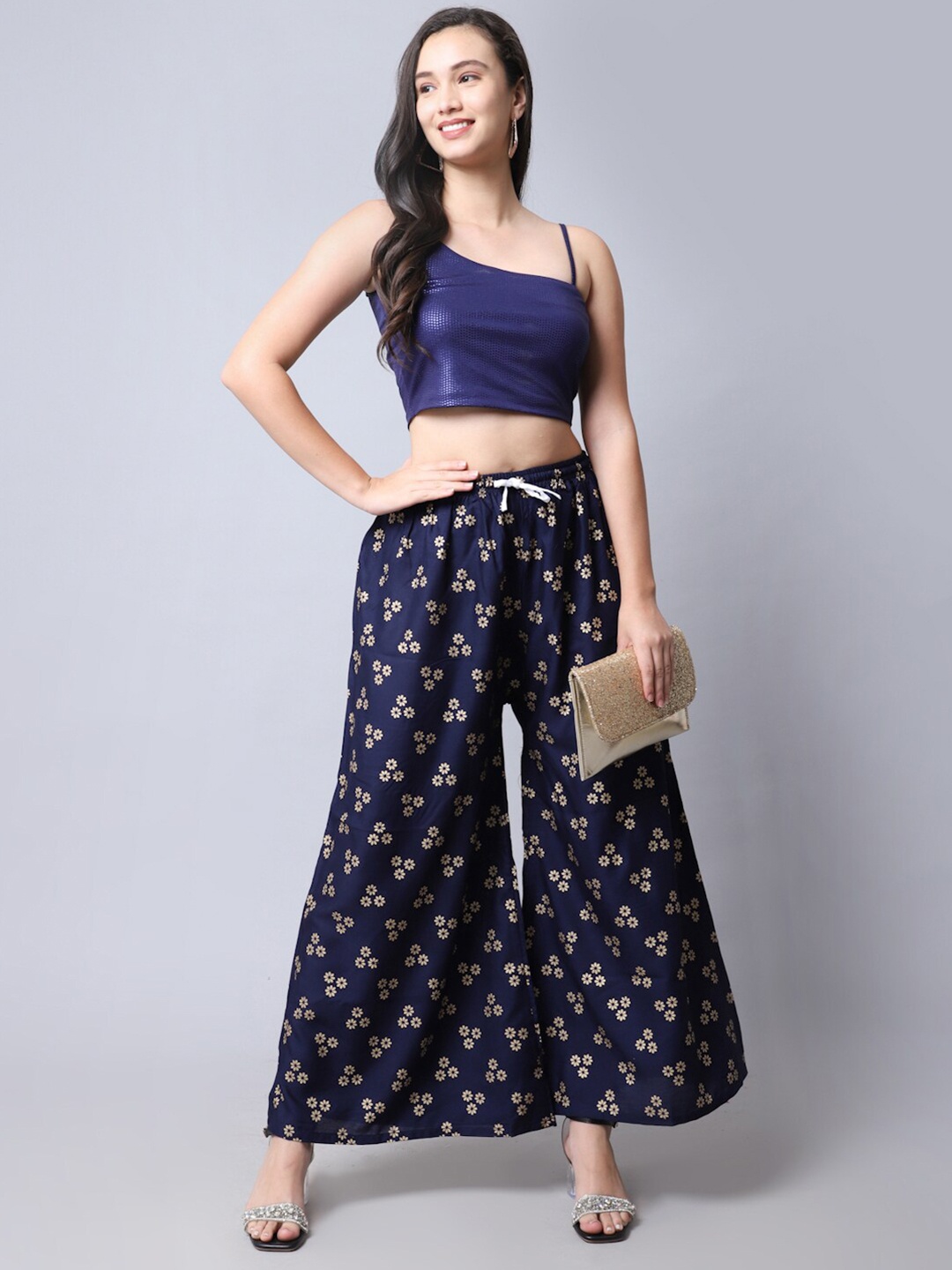 

Jinfo Floral Printed Flared Palazzos, Navy blue