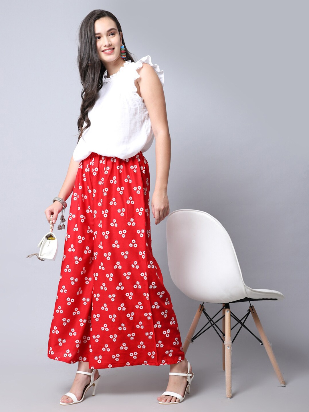

Jinfo Floral Printed Flared Palazzos, Red