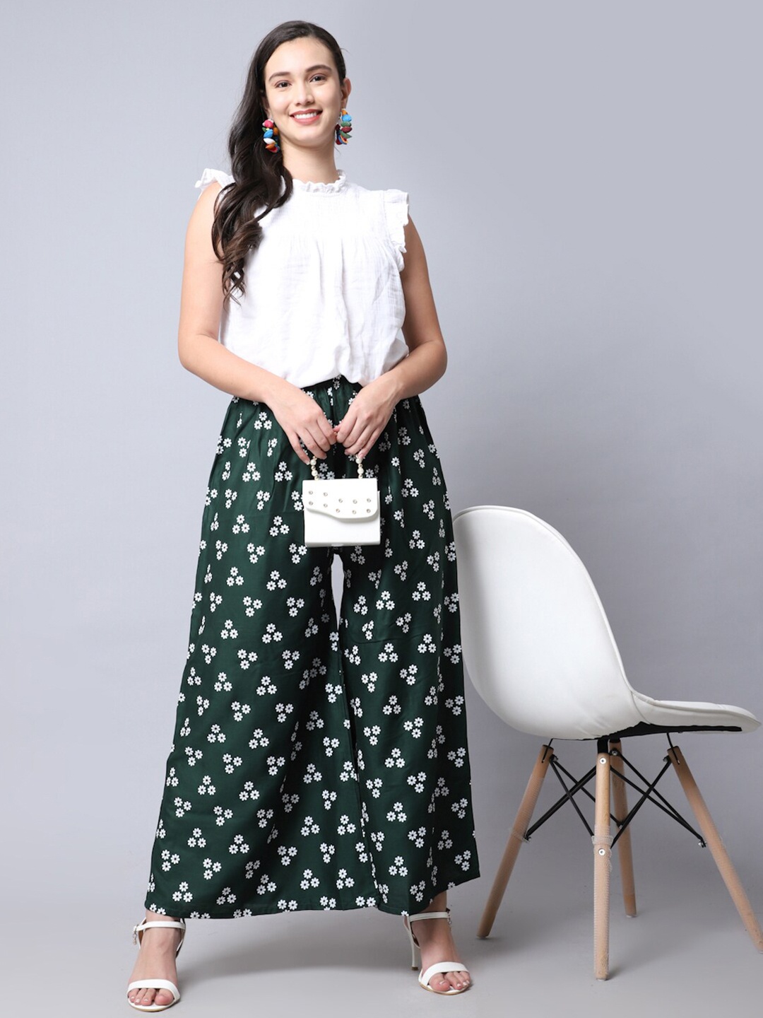 

Jinfo Floral Printed Flared Palazzos, Green